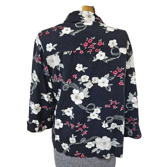 Caribbean Joe Hawaiian Shirt Womens Size M Floral Button Up Black White Pink - Picture 3 of 10